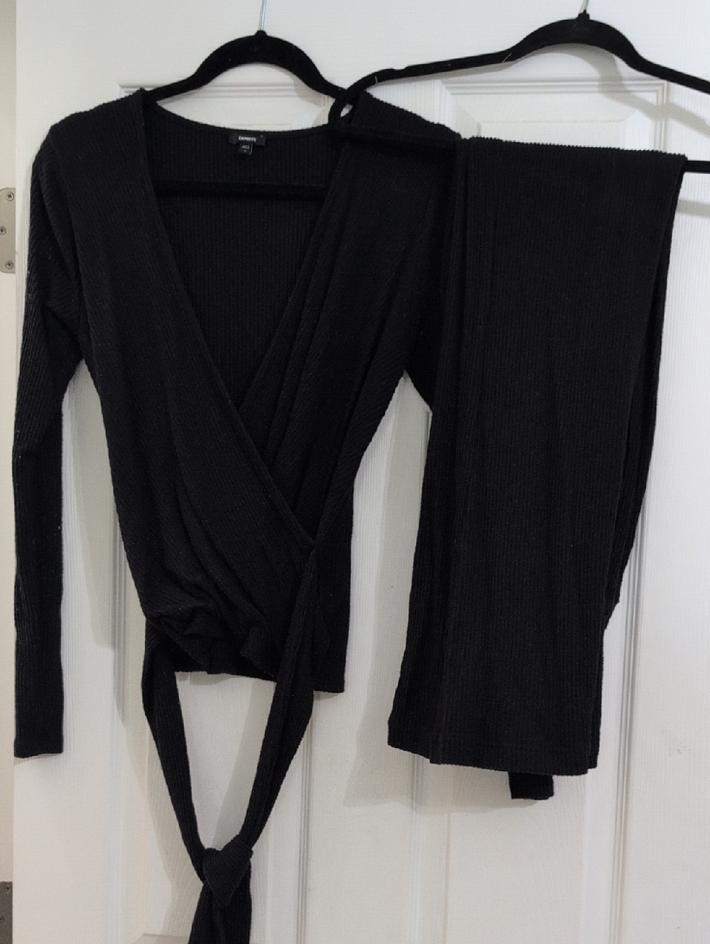 Express Black Ribbed Wrap Top and Pants Set